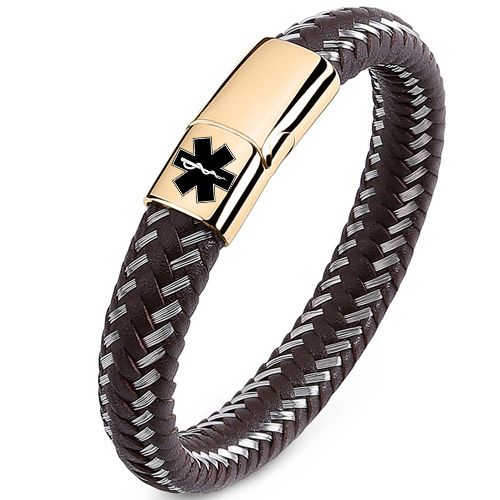 ***COI Titanium Black/Gold Tone Medical Alert Genuine Leather Bracelet With Steel Clasp(Length: 7.87 inches)-00006AA
