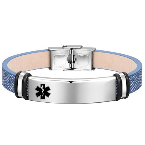 ***COI Titanium Black Silver Medical Alert Genuine Leather Bracelet With Steel Clasp(Length: 7.87 inches)-00019AA