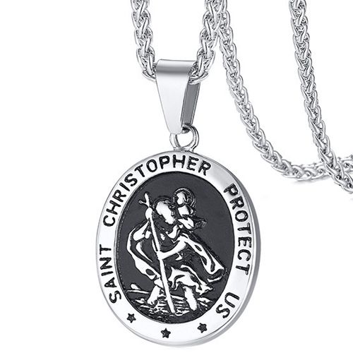 ***COI Titanium Black Silver Saint Christopher Protect Us Pendant-00024AA