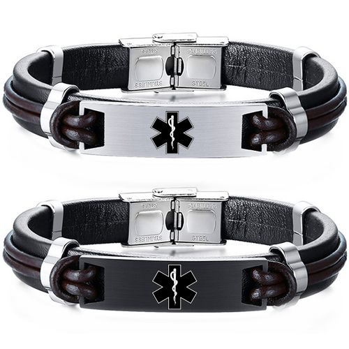 ***COI Titanium Black Silver Medical Alert Genuine Leather Bracelet With Steel Clasp(Length: 8.46 inches)-00028AA