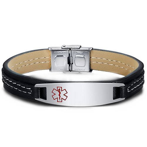 ***COI Titanium Medical Alert Genuine Leather Bracelet With Steel Clasp(Length: 8.27 inches)-00029AA