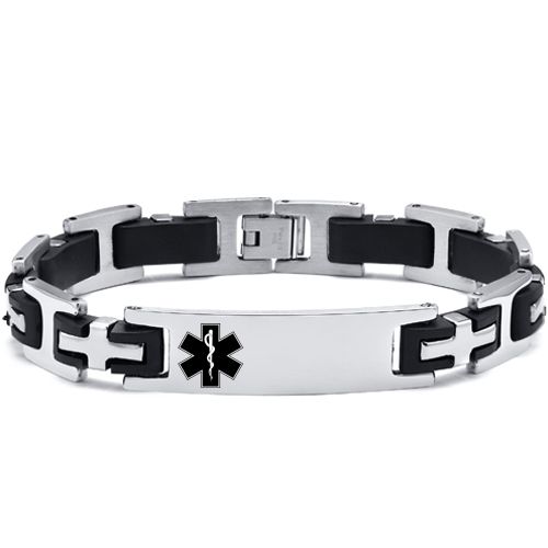 ***COI Titanium Black Silver Cross Medical Alert Bracelet With Steel Clasp(Length: 8.46 inches)-00030AA