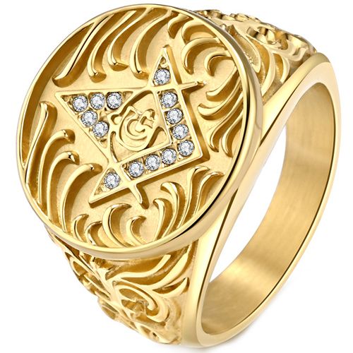 ***COI Gold Tone Titanium Masonic Freemason Ring With Cubic Zirconia-00040AA