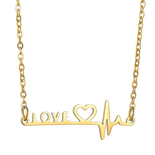 ***COI Titanium Gold Tone/Silver Heartbeat & Heart Love Necklace(Length: 17.71 inches)-00043AA