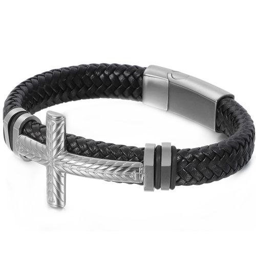 ***COI Titanium Black/Gold Tone/Silver Cross Genuine Leather Bracelet With Steel Clasp(Length: 8.46 inches)-00047AA