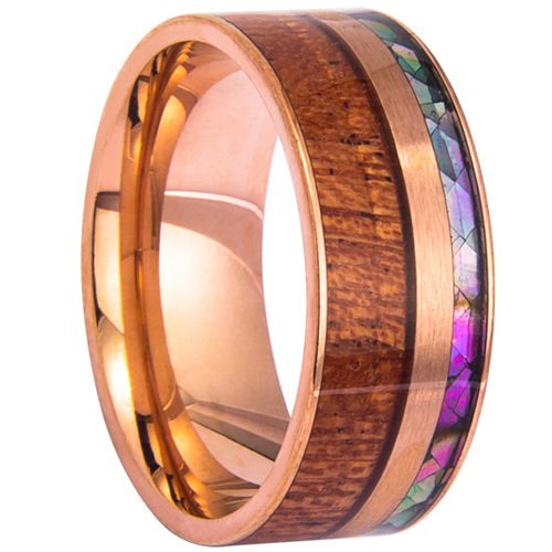 ***COI Titanium Black/Gold Tone/Rose/Silver Ring With Wood & Abalone Shell-00053AA