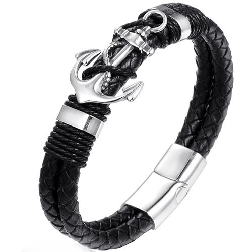 ***COI Titanium Black Silver Anchor Genuine Leather Bracelet With Steel Clasp(Length: 8.07 inches)-00072AA
