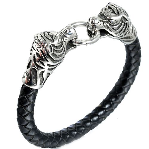 ***COI Titanium Tiger Head Genuine Leather Bracelet With Steel Clasp(Length: 8.27 inches)-00099AA