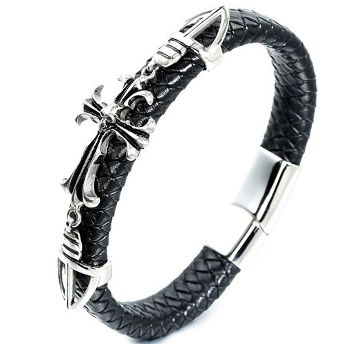 ***COI Titanium Cross Genuine Leather Bracelet With Steel Clasp(Length: 8.27 inches)-00100AA