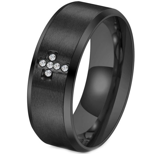 ***COI Titanium Black/Gold Tone/Silver Cross Beveled Edges Ring With Cubic Zirconia-00112AA