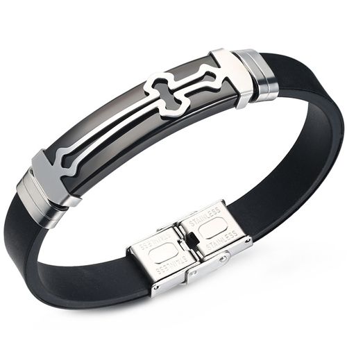 ***COI Titanium Black/Blue Silver Cross Rubber Bracelet With Steel Clasp(Length: 8.07 inches)-00148AA