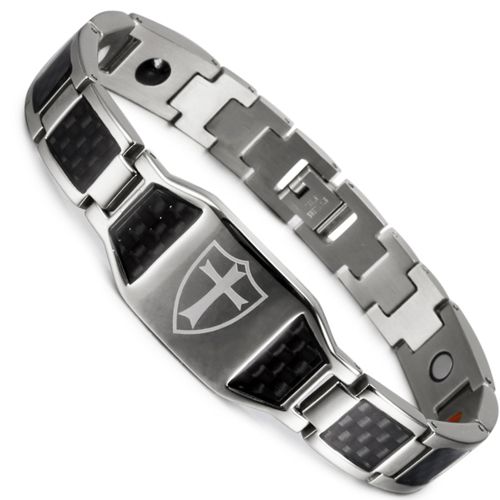 ***COI Titanium Black/Gold Tone/Silver Cross Carbon Fiber Bracelet With Steel Clasp(Length: 8.27 inches)-00177AA