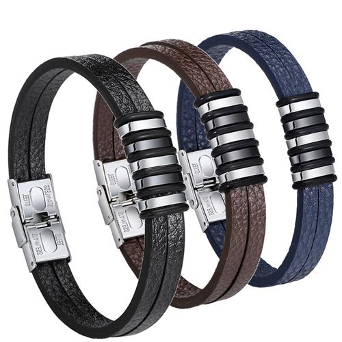 ***COI Titanium Black Silver Genuine Leather Bracelet With Steel Clasp(Length: 8.27 inches)-00181AA