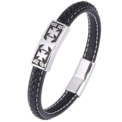 ***COI Titanium Cross Genuine Leather Bracelet With Steel Clasp(Length: 8.07 inches)-00183AA