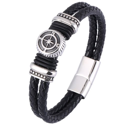 ***COI Titanium Black Silver Compass Genuine Leather Bracelet With Steel Clasp(Length: 8.07 inches)-00187AA