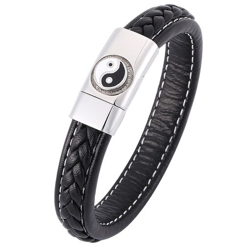 **COI Titanium Black Silver Yang Yeng Genuine Leather Bracelet With Steel Clasp(Length: 8.50 inches)-00190AA