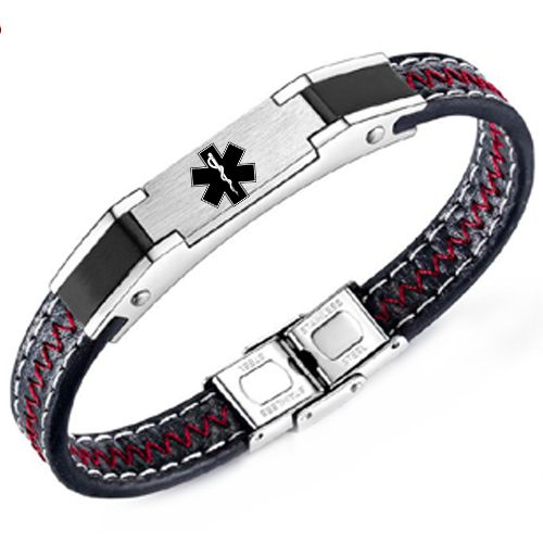 ***COI Titanium Black Silver Medical Alert Genuine Leather Bracelet With Steel Clasp(Length: 8.66 inches)-00209AA
