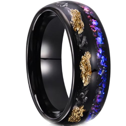 ***COI Black Tungsten Carbide Dome Court Ring With Crushed Opal & Gold Foil-00217AA