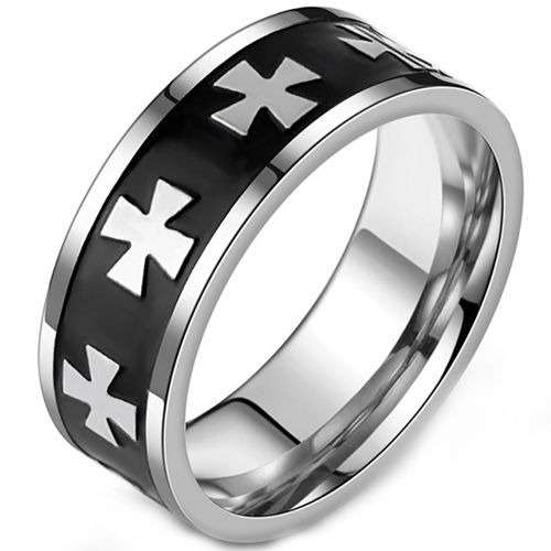 ***COI Titanium Black Silver Cross Ring-00220AA