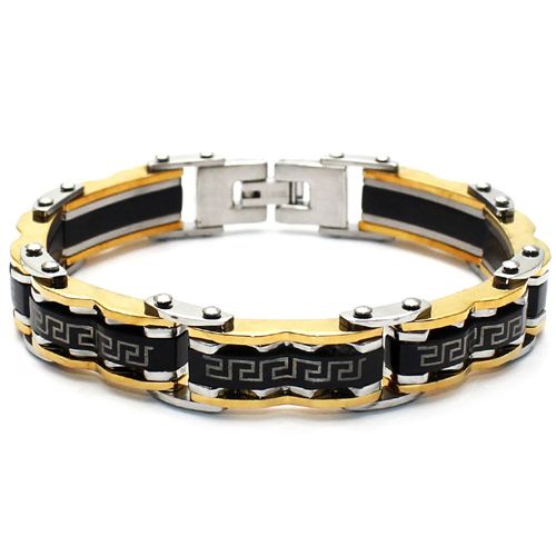 ***COI Titanium Blue Gold Tone Silver Greek Key Pattern Bracelet With Steel Clasp(Length: 8.66 inches)-00231AA
