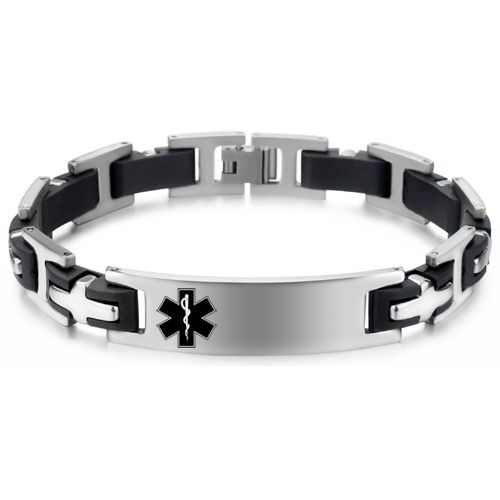 ***COI Titanium Black Silver Cross Medical Alert Bracelet With Steel Clasp(Length: 8.66 inches)-00233AA
