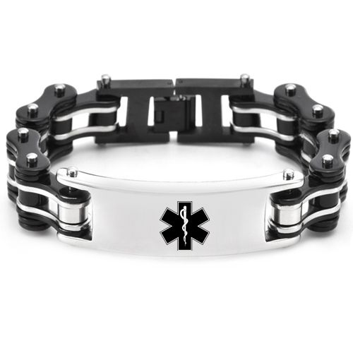 ***COI Titanium Black Silver Medical Alert Bracelet With Steel Clasp(Length: 8.86 inches)-00249AA