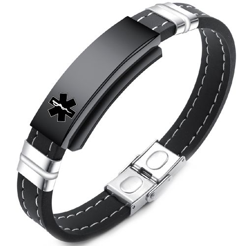 ***COI Titanium Black Silver Medical Alert Genuine Leather Bracelet With Steel Clasp(Length: 8.27 inches)-00283AA