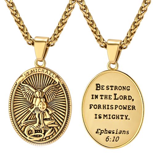 ***COI Titanium Silver/Gold Tone St Michael & Prayer Pendant-00312AA