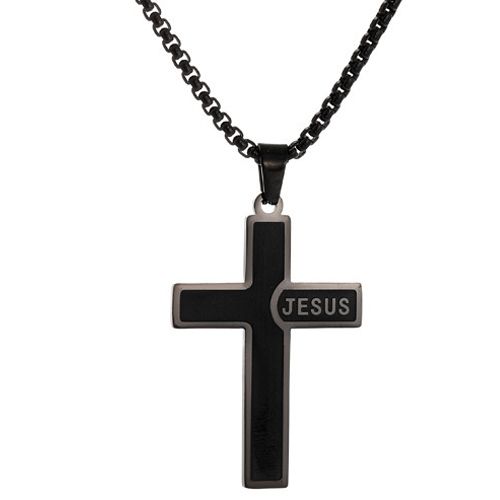 ***COI Titanium Black/Gold Tone/Silver Cross Jesus Pendant-00321AA