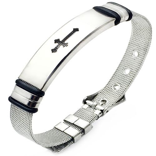 ***COI Titanium Black Silver Cross Bracelet With Steel Clasp(Length: 8.27 inches)-00340AA