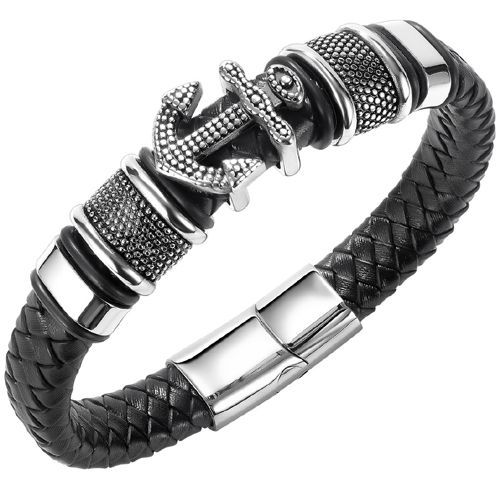 ***COI Titanium Black Silver Anchor Genuine Leather Bracelet With Steel Clasp(Length: 8.46 inches)-00341AA