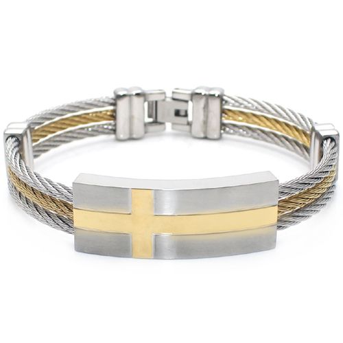 ***COI Titanium Gold Tone Silver Cross Bracelet With Steel Clasp(Length: 8.27 inches)-00343AA