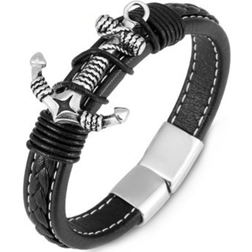 ***COI Titanium Black Silver Anchor Genuine Leather Bracelet With Steel Clasp(Length: 8.27 inches)-00344AA
