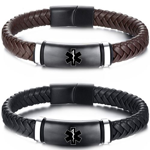 ***COI Titanium Medical Alert Genuine Leather Bracelet With Steel Clasp(Length: 8.27 inches)-00356AA