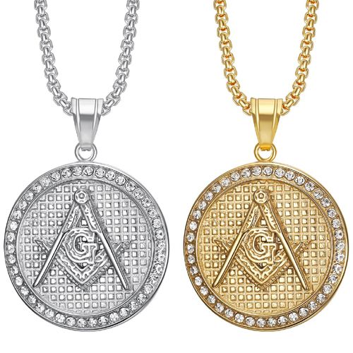 ***COI Titanium Gold Tone/Silver Masonic Freemason Pendant With Cubic Zirconia-00399AA