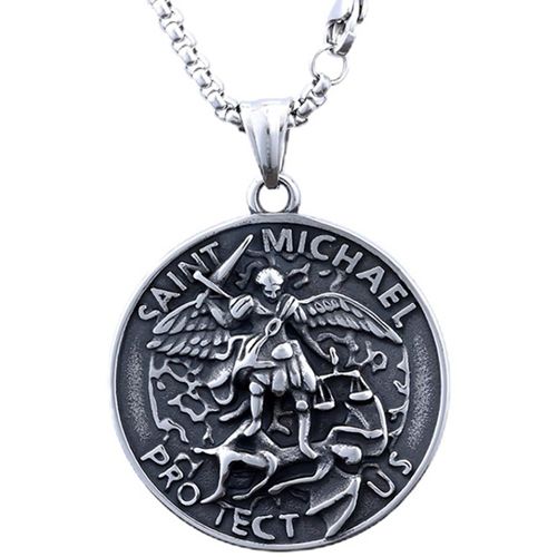 ***COI Titanium Black Silver St Michael Protect Us Pendant-00430AA
