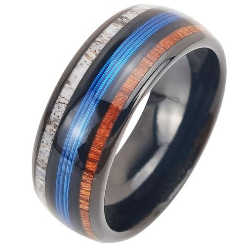 ***COI Black Tungsten Carbide Deer Antler Wood & Blue Wire Ring-00434AA