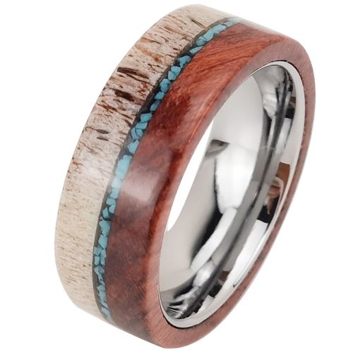 ***COI Tungsten Carbide Deer Antler Wood Turquoise Ring-00435AA