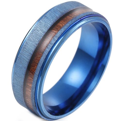 ***COI Titanium Gold Tone/Blue/Silver Step Edges Ring With Wood-00446AA