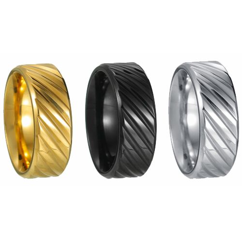 ***COI Titanium Black/Gold Tone/Silver Diagonal Grooves Beveled Edges Ring-00447AA