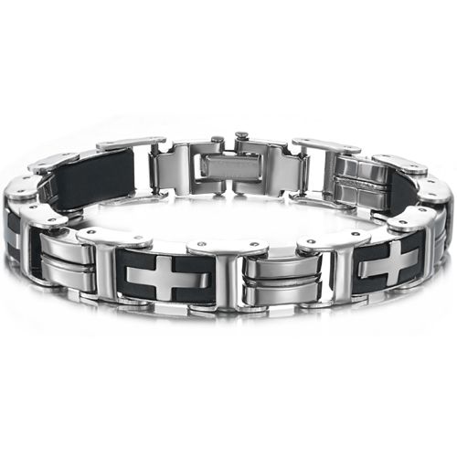 ***COI Titanium Black Silver Cross Bracelet With Steel Clasp(Length: 8.27 inches)-00458AA