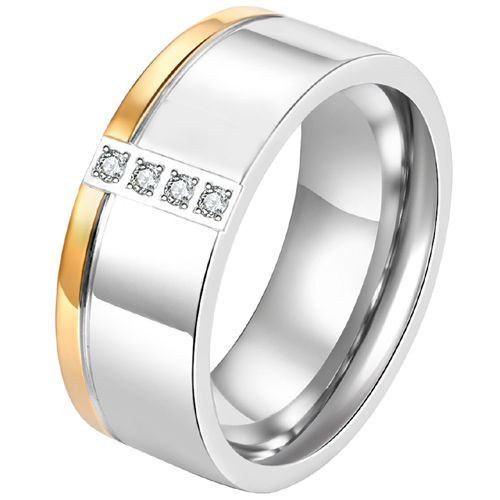 ***COI Titanium Gold Tone Silver Offset Groove Ring With Cubic Zirconia-00467AA