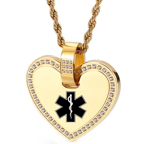***COI Titanium Gold Tone/Silver Medical Alert Heart Pendant With Cubic Zirconia-00486AA