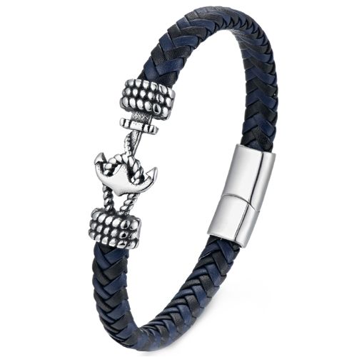 ***COI Titanium Black Silver Anchor Genuine Leather Bracelet With Steel Clasp(Length: 9.06 inches)-00490AA