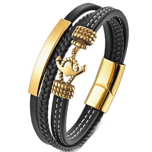 ***COI Gold Tone Titanium Anchor Genuine Leather Bracelet With Steel Clasp(Length: 9.06 inches)-00492AA