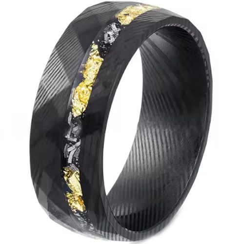 ***COI Black Tungsten Carbide Damascus Ring With Gold Foil & Meteorite-00509AA