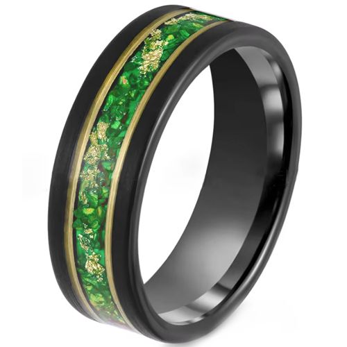***COI Tungsten Carbide Black Gold Tone Double Grooves Ring With Gold Foil & Created Emerald-00510AA
