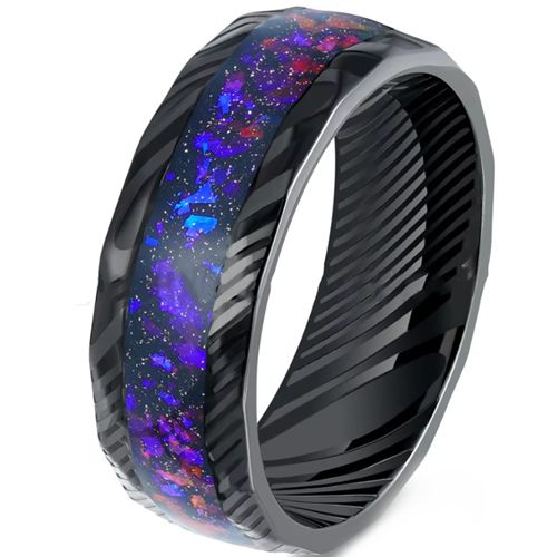***COI Black Tungsten Carbide Damascus Ring With Meteorite & Crushed Opal-00514AA