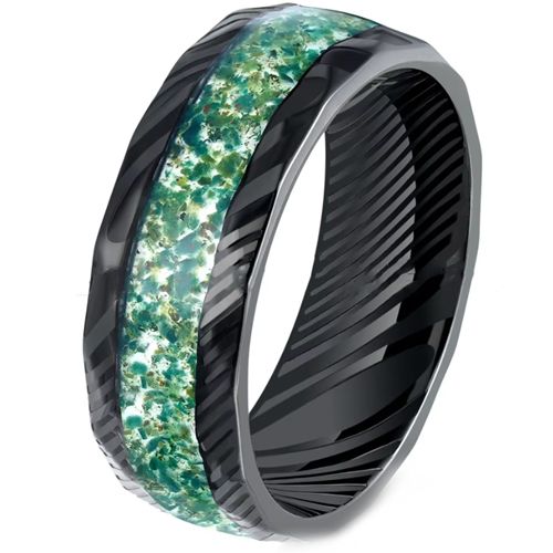 ***COI Black Tungsten Carbide Damascus Ring With Created Green Emerald-00516AA