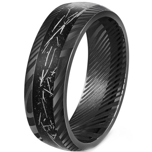 ***COI Black Tungsten Carbide Damascus Ring With Meteorite-00521AA